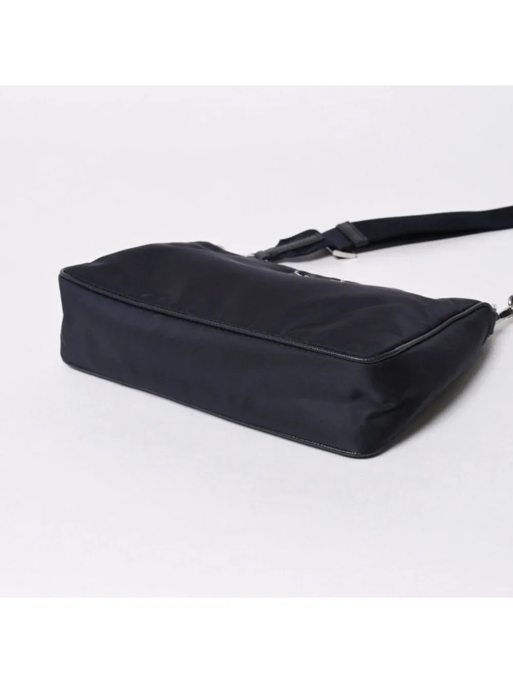 Prada Shoulder Bag Triangle Logo Nylon Leather Navy Silver